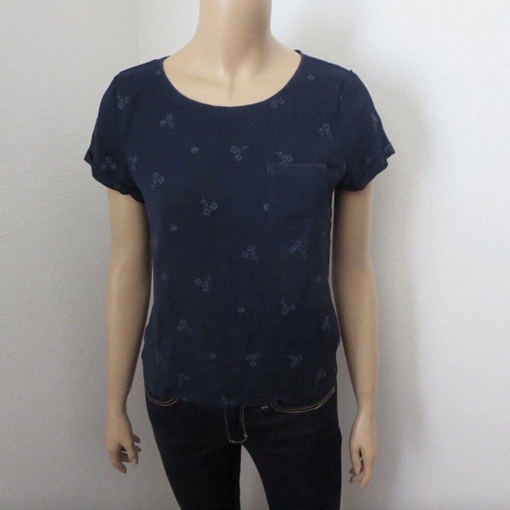 Hollister Womens Embroidered Top Size Small Shirt Navy Blue